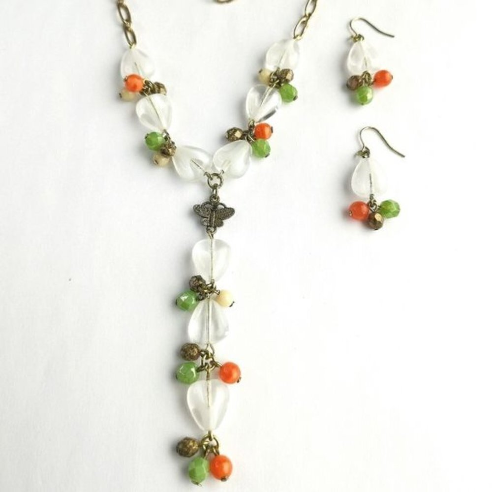 Vintage Czech artisan beaded white milk glass butterfly necklace earring set - Picture 3 of 7